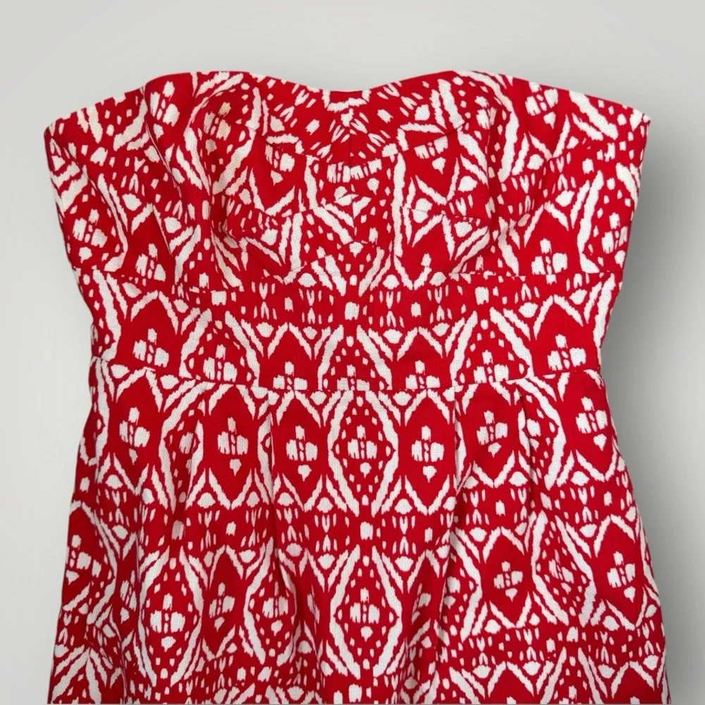 J. Crew Strapless Geometric Red and White Twee Feminine Midi Dress Size 4‎